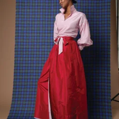 Reversible Pleated Wrap Skirt In Light Pink/Red Silk Taffeta -Garbiera Sales Store AM 23 DEC RED SKIRT PDP PDP