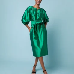 Trapunto Blouson Dress In Emerald Silk/Wool -Garbiera Sales Store M 23 NOV EDITORIAL PDP 1