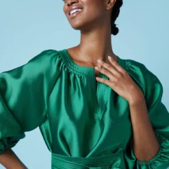 Trapunto Blouson Dress In Emerald Silk/Wool -Garbiera Sales Store M HOLIDAY 23 CATALOG PDP 33 S72092