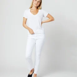 Short-Sleeved Deep-V Tee In White Pima Cotton -Garbiera Sales Store S31940 040