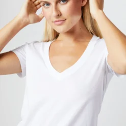 Short-Sleeved Deep-V Tee In White Pima Cotton -Garbiera Sales Store S31940 060