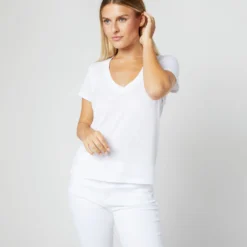 Short-Sleeved Deep-V Tee In White Pima Cotton -Garbiera Sales Store S31940 070