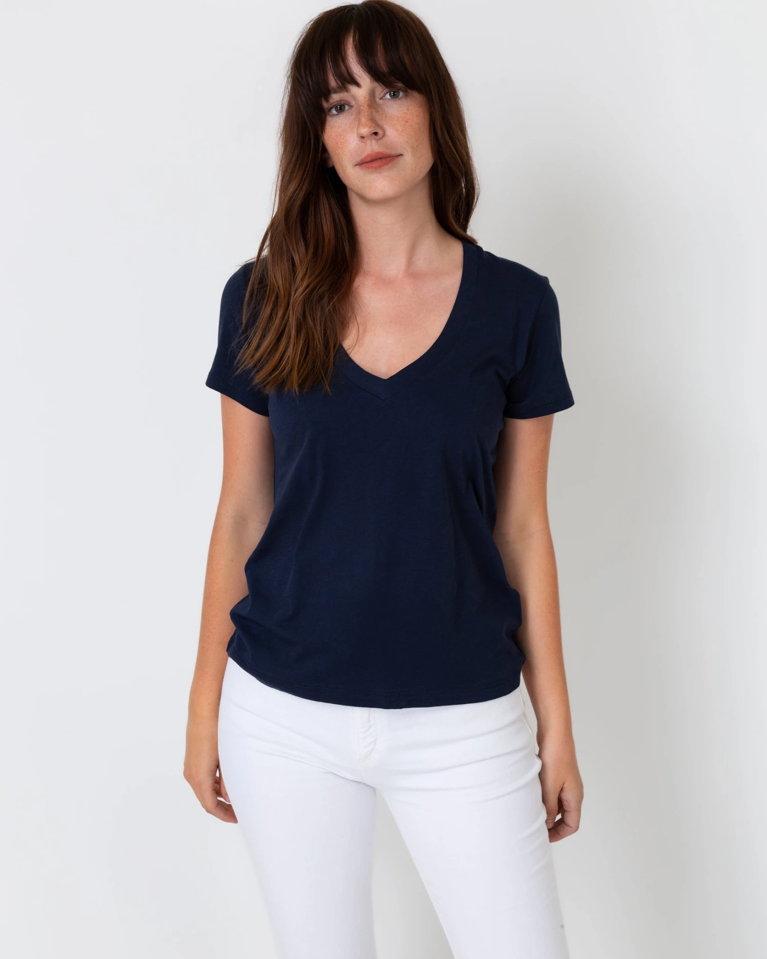 Short-Sleeved Deep-V Tee In Navy Pima Cotton 4 Short-Sleeved Deep-V Tee In Navy Pima Cotton - Image 2