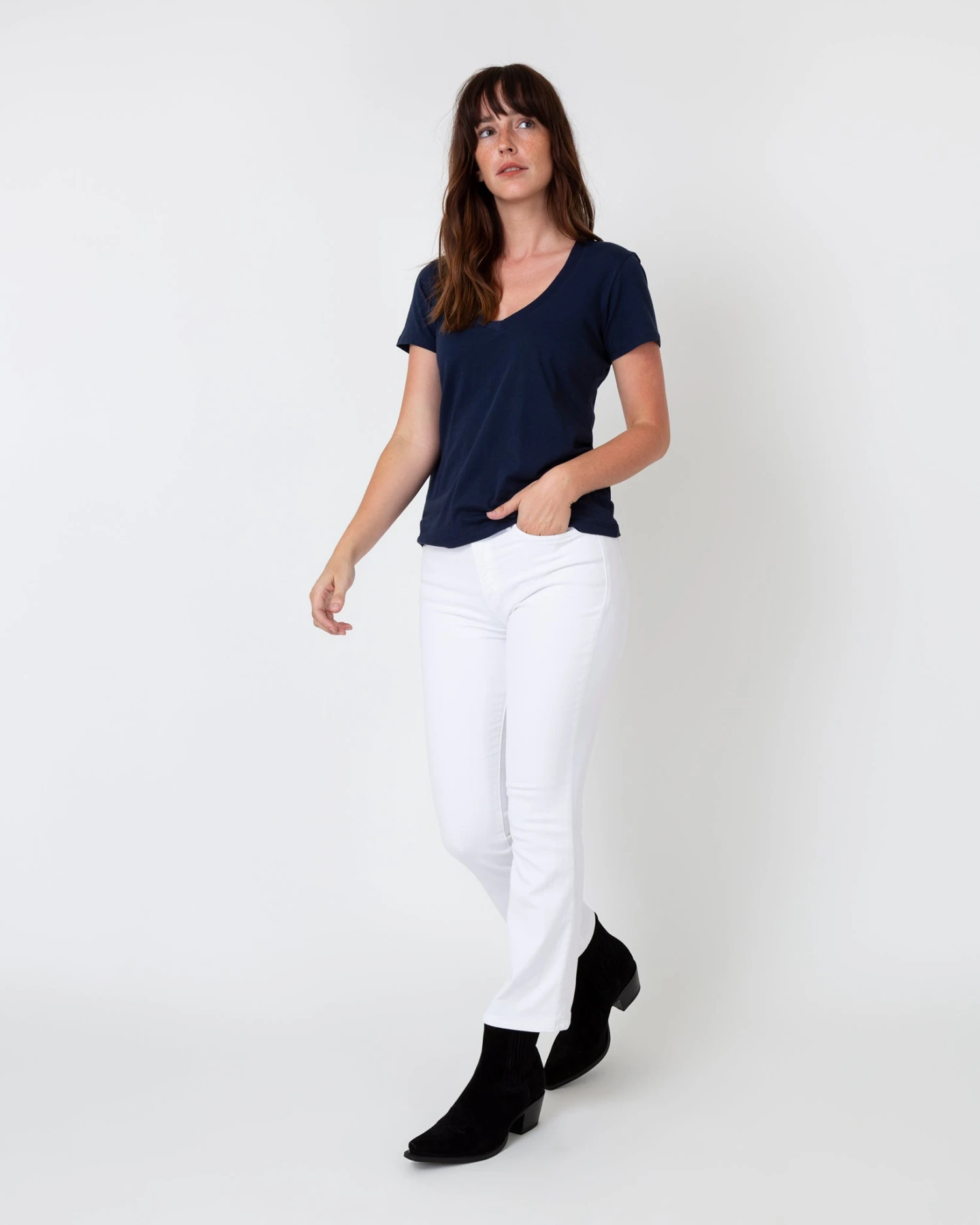 Short-Sleeved Deep-V Tee In Navy Pima Cotton 5 Short-Sleeved Deep-V Tee In Navy Pima Cotton - Image 3