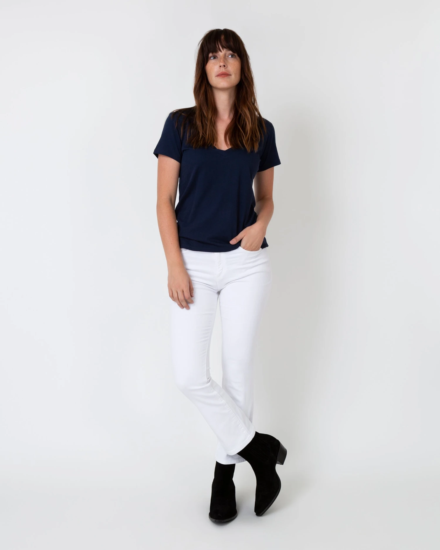 Short-Sleeved Deep-V Tee In Navy Pima Cotton 8 Short-Sleeved Deep-V Tee In Navy Pima Cotton - Image 6