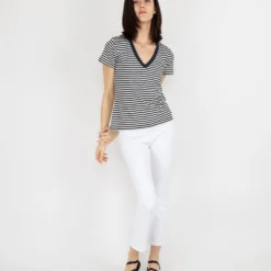 Short-Sleeved Deep-V Tee In Navy/Natural Stripe Jersey 15 Short-Sleeved Deep-V Tee In Navy/Natural Stripe Jersey -Garbiera Sales Store S54854 6