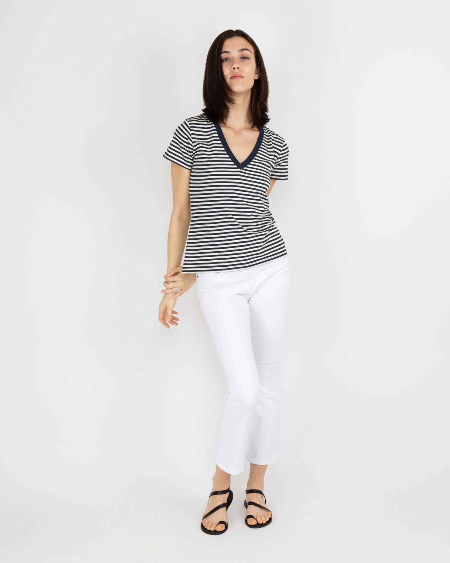 Short-Sleeved Deep-V Tee In Navy/Natural Stripe Jersey 8 Short-Sleeved Deep-V Tee In Navy/Natural Stripe Jersey - Image 6