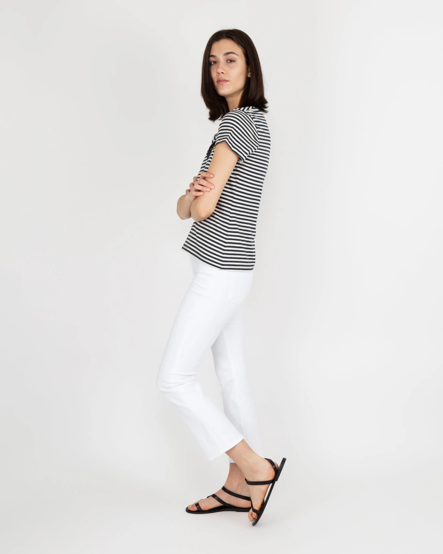 Short-Sleeved Deep-V Tee In Navy/Natural Stripe Jersey 9 Short-Sleeved Deep-V Tee In Navy/Natural Stripe Jersey - Image 7