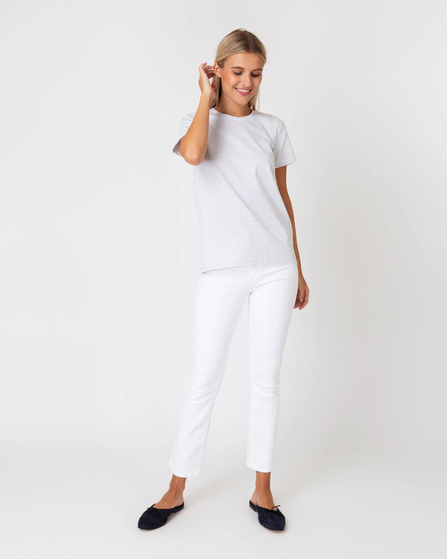 Short-Sleeved Relaxed Tee In White/Heather Grey Stripe Jersey 5 Short-Sleeved Relaxed Tee In White/Heather Grey Stripe Jersey - Image 3