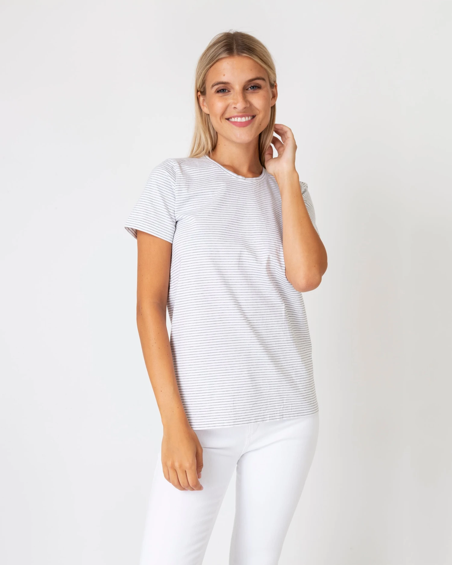 Short-Sleeved Relaxed Tee In White/Heather Grey Stripe Jersey 4 Short-Sleeved Relaxed Tee In White/Heather Grey Stripe Jersey - Image 2