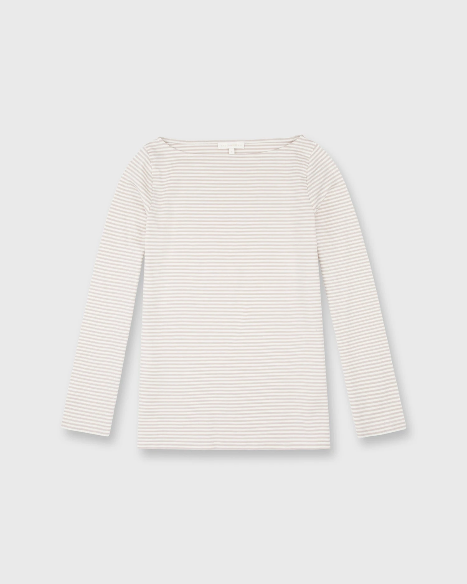 Long-Sleeved Boatneck Tee In Taupe/Ivory Stripe Compact Jersey 2 Long-Sleeved Boatneck Tee In Taupe/Ivory Stripe Compact Jersey