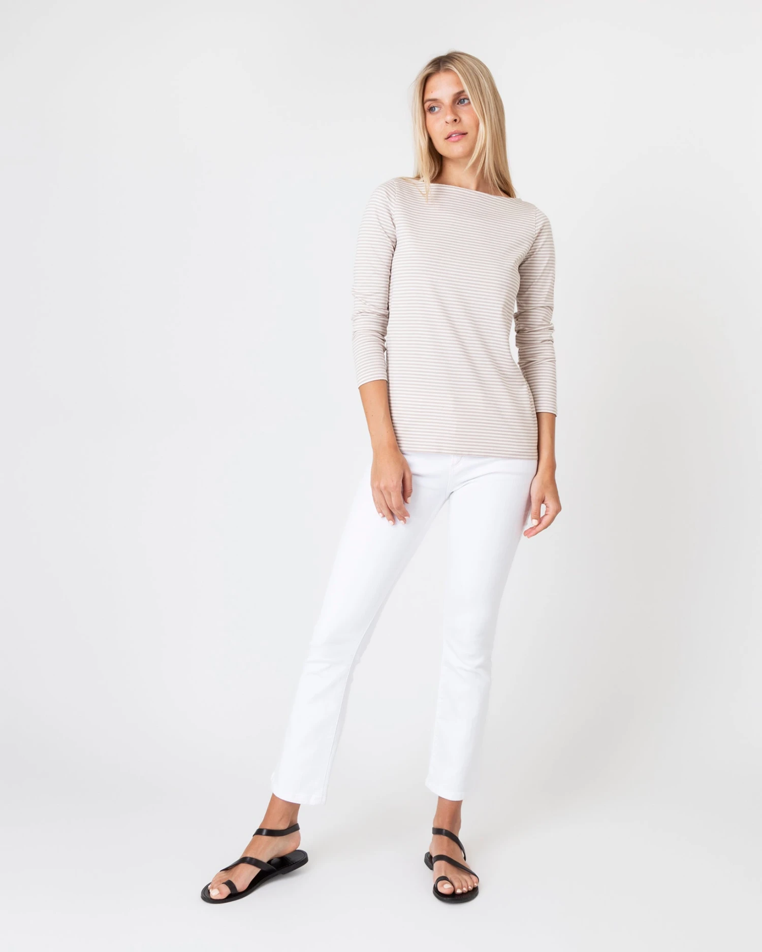 Long-Sleeved Boatneck Tee In Taupe/Ivory Stripe Compact Jersey 4 Long-Sleeved Boatneck Tee In Taupe/Ivory Stripe Compact Jersey - Image 3