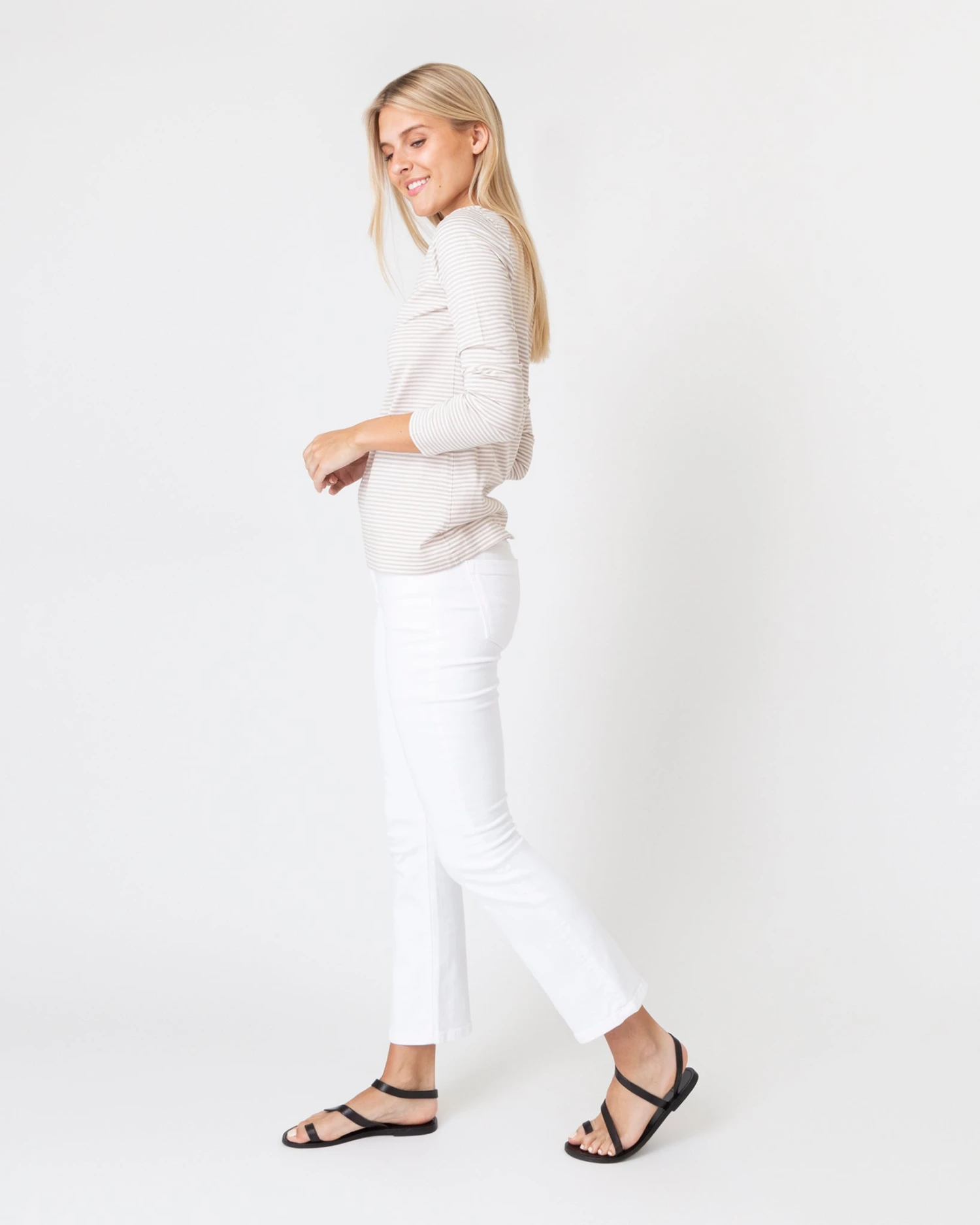 Long-Sleeved Boatneck Tee In Taupe/Ivory Stripe Compact Jersey 5 Long-Sleeved Boatneck Tee In Taupe/Ivory Stripe Compact Jersey - Image 4