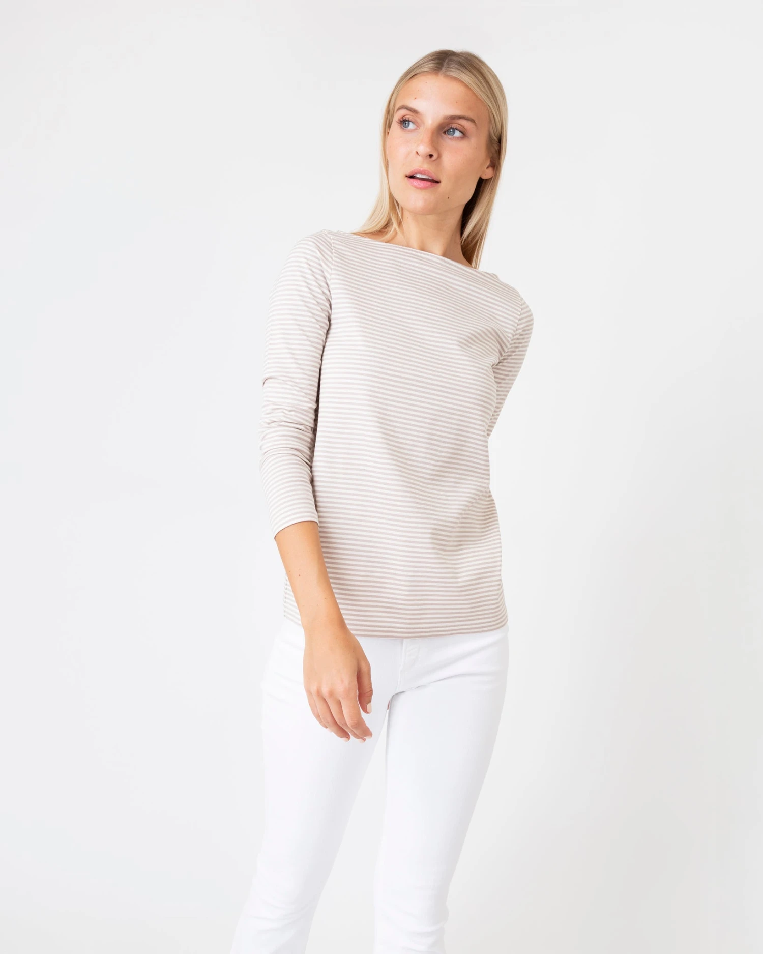 Long-Sleeved Boatneck Tee In Taupe/Ivory Stripe Compact Jersey 3 Long-Sleeved Boatneck Tee In Taupe/Ivory Stripe Compact Jersey - Image 2
