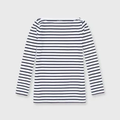 Long-Sleeved Boatneck Tee In White/Navy Stripe Compact Jersey