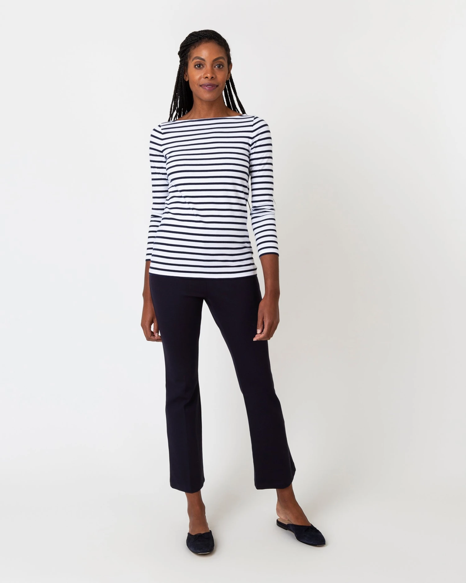 Long-Sleeved Boatneck Tee In White/Navy Stripe Compact Jersey 6 Long-Sleeved Boatneck Tee In White/Navy Stripe Compact Jersey - Image 4