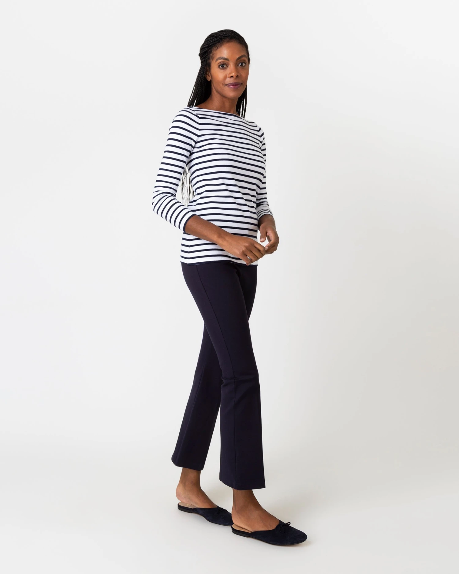 Long-Sleeved Boatneck Tee In White/Navy Stripe Compact Jersey 8 Long-Sleeved Boatneck Tee In White/Navy Stripe Compact Jersey - Image 6