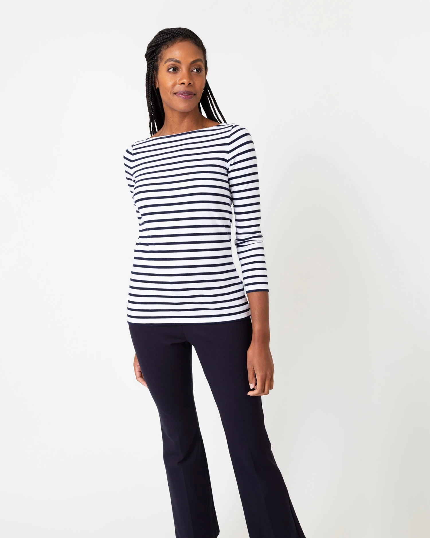 Long-Sleeved Boatneck Tee In White/Navy Stripe Compact Jersey 4 Long-Sleeved Boatneck Tee In White/Navy Stripe Compact Jersey - Image 2