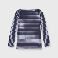 Long-Sleeved Boatneck Tee In Navy/White Stripe Jersey