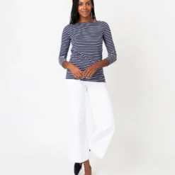 Long-Sleeved Boatneck Tee In Navy/White Stripe Jersey -Garbiera Sales Store S65165 2