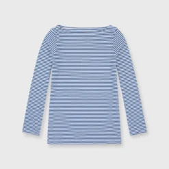 Long-Sleeved Boatneck Tee In French Blue/White Stripe Jersey