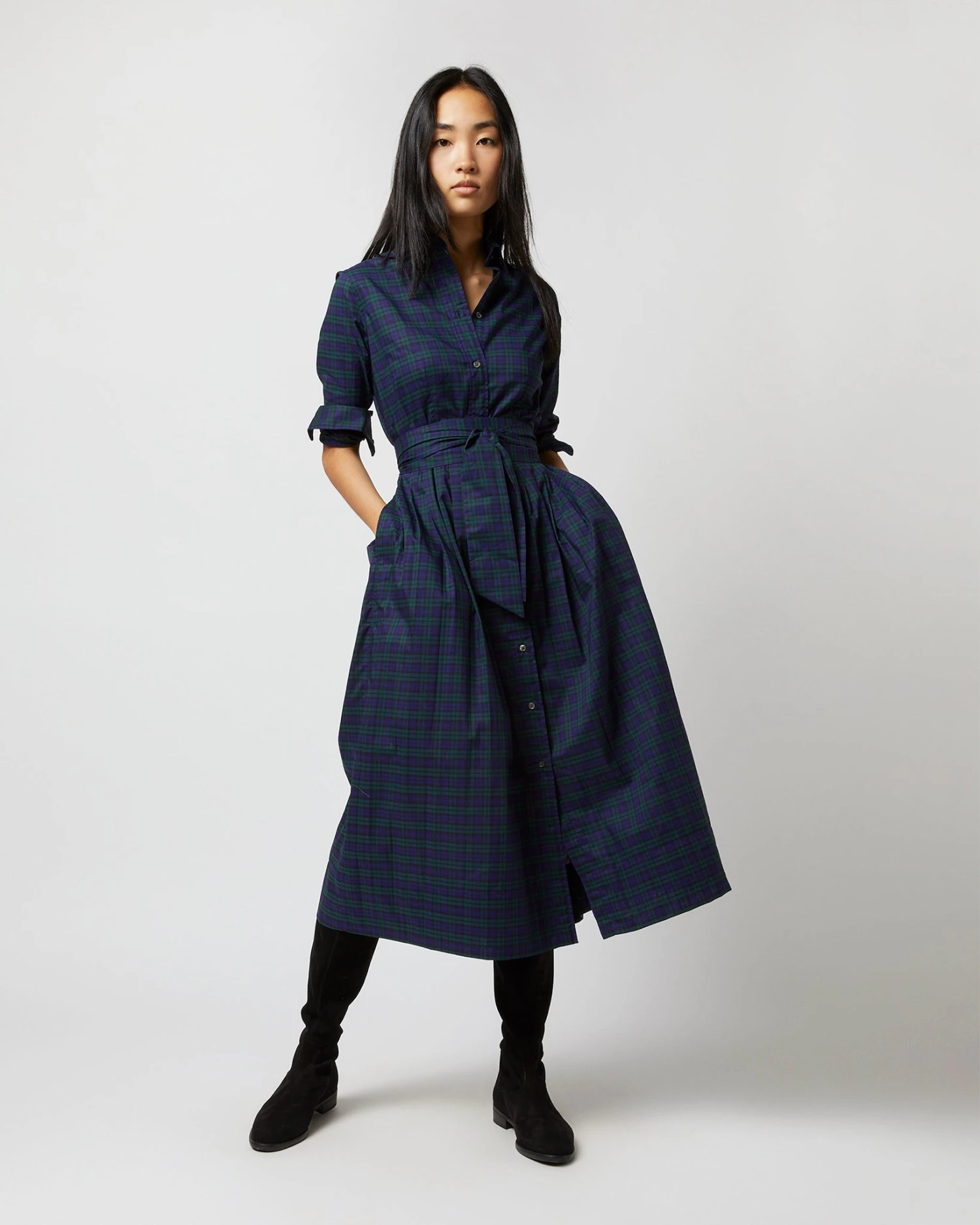 Classic Shirtwaist Dress In Blackwatch Poplin 3 Classic Shirtwaist Dress In Blackwatch Poplin