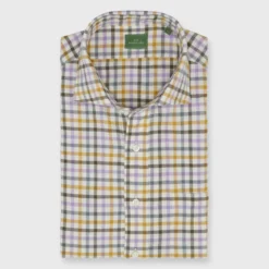 Spread Collar Sport Shirt In Lavender/Scotch/Brown Tattersall Twill