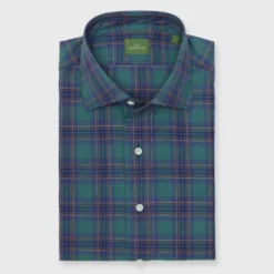Spread Collar Sport Shirt In Green/Blue/Brown Plaid Poplin