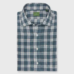Otto Handmade Sport Shirt In Lovat/Stone/Navy Plaid Linen