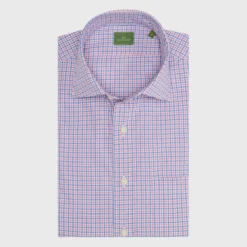 Spread Collar Sport Shirt In Pink/Dutch Blue Tattersall Poplin
