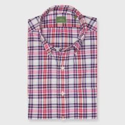 Button-Down Sport Shirt In Berry/Red/Navy Plaid Poplin