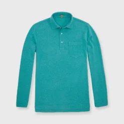 Long-Sleeved Polo In Heathered Green Pima Pique