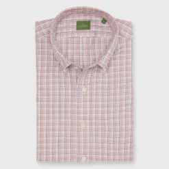 Button-Down Sport Shirt In Bone/Coral/Olive Tattersall Twill