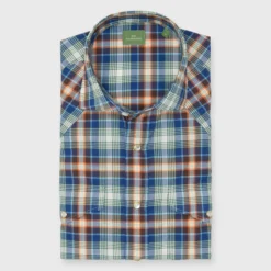 Western Work Shirt In Orange/Blue/Green Plaid Poplin