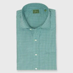 Spread Collar Sport Shirt In Juniper/Blue/Sky Tattersall Poplin