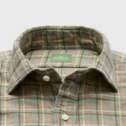 Spread Collar Sport Shirt In Olive/Blue/Nantucket Tattersall Flannel -Garbiera Sales Store S71055 210