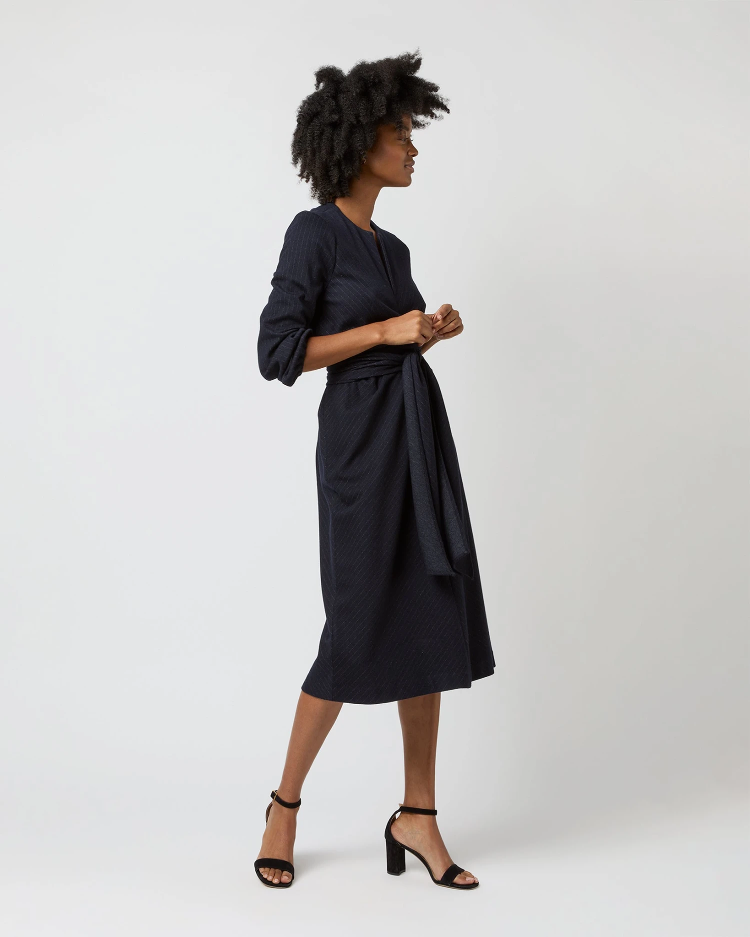 Alejandra Tie Dress In Navy Pinstripe Knit 6 Alejandra Tie Dress In Navy Pinstripe Knit - Image 4