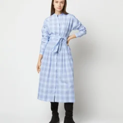 Kimono Shirtwaist Dress In Blue Multi Check Plaid Poplin
