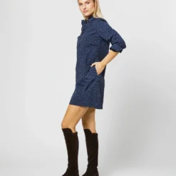 Long-Sleeved Popover Dress In Blue/Navy Leopard Print Nylon -Garbiera Sales Store S71357 748