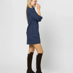 Long-Sleeved Popover Dress In Blue/Navy Leopard Print Nylon -Garbiera Sales Store S71357 764