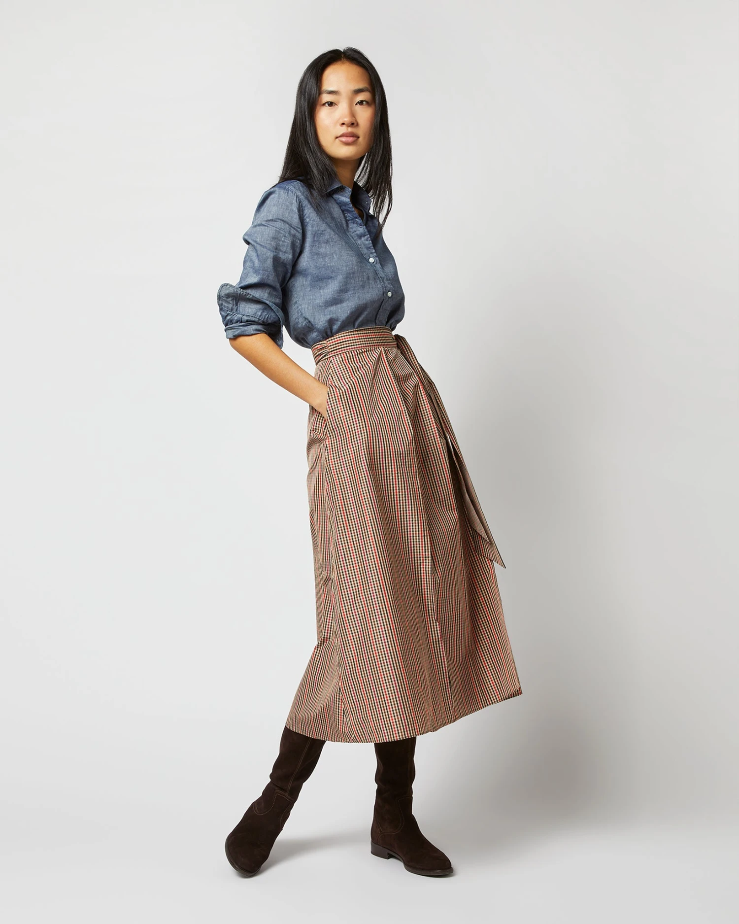 Elana Wrap Skirt In Red/Brown Check Taffeta 5 Elana Wrap Skirt In Red/Brown Check Taffeta - Image 3