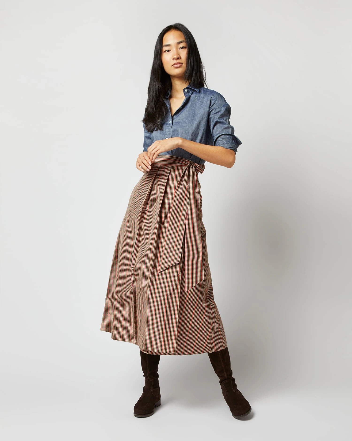 Elana Wrap Skirt In Red/Brown Check Taffeta 10 Elana Wrap Skirt In Red/Brown Check Taffeta - Image 8