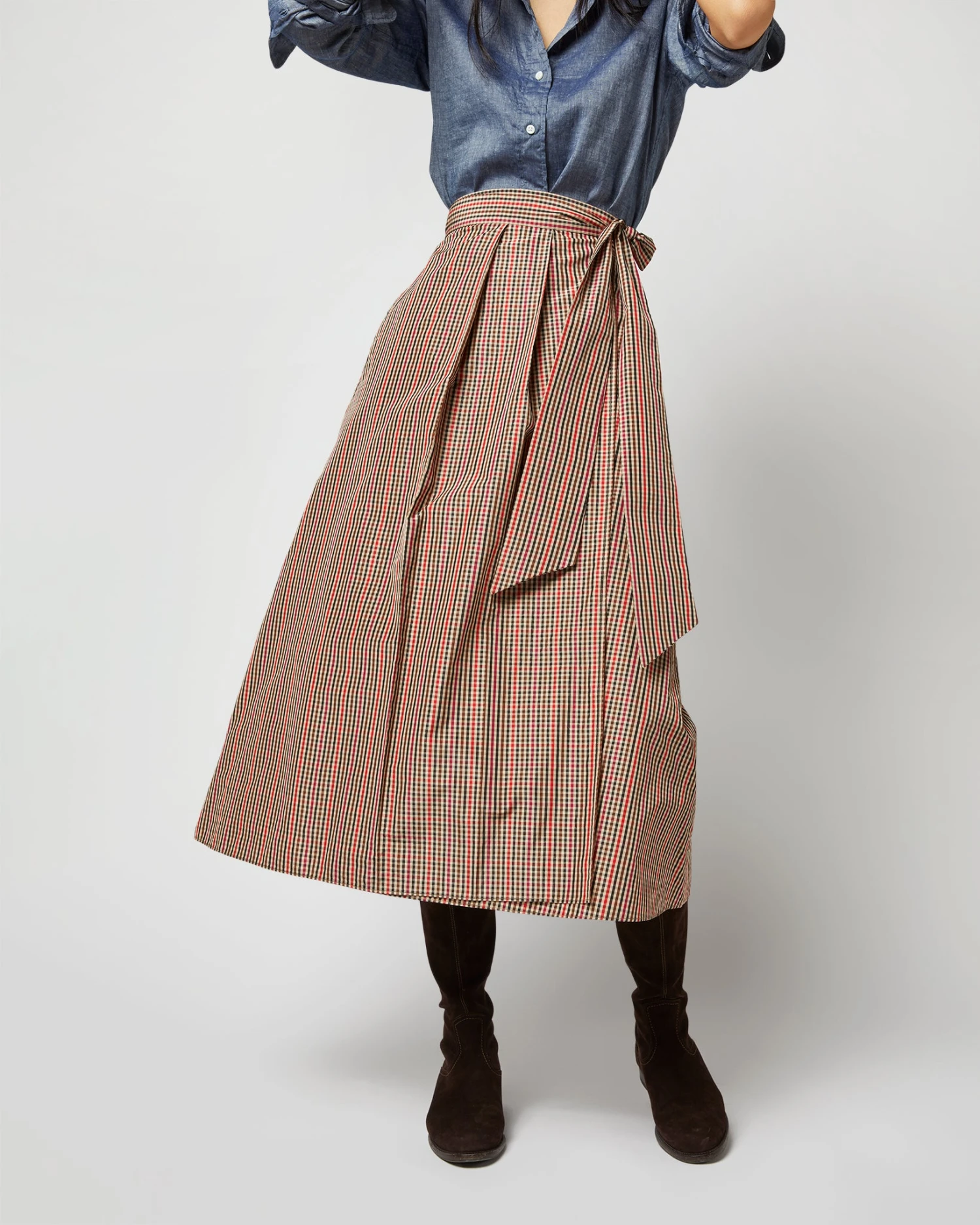 Elana Wrap Skirt In Red/Brown Check Taffeta 8 Elana Wrap Skirt In Red/Brown Check Taffeta - Image 6