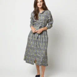 Kimono Shirtwaist Dress In Blue/Green Lindsay Garden Liberty Fabric