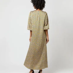 Long-Sleeved Paige Maxi Dress In Gold/Sapphire Sunflower Charmeuse -Garbiera Sales Store S71383 1031