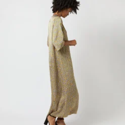 Long-Sleeved Paige Maxi Dress In Gold/Sapphire Sunflower Charmeuse -Garbiera Sales Store S71383 1036