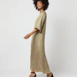 Long-Sleeved Paige Maxi Dress In Gold/Sapphire Sunflower Charmeuse -Garbiera Sales Store S71383 1066