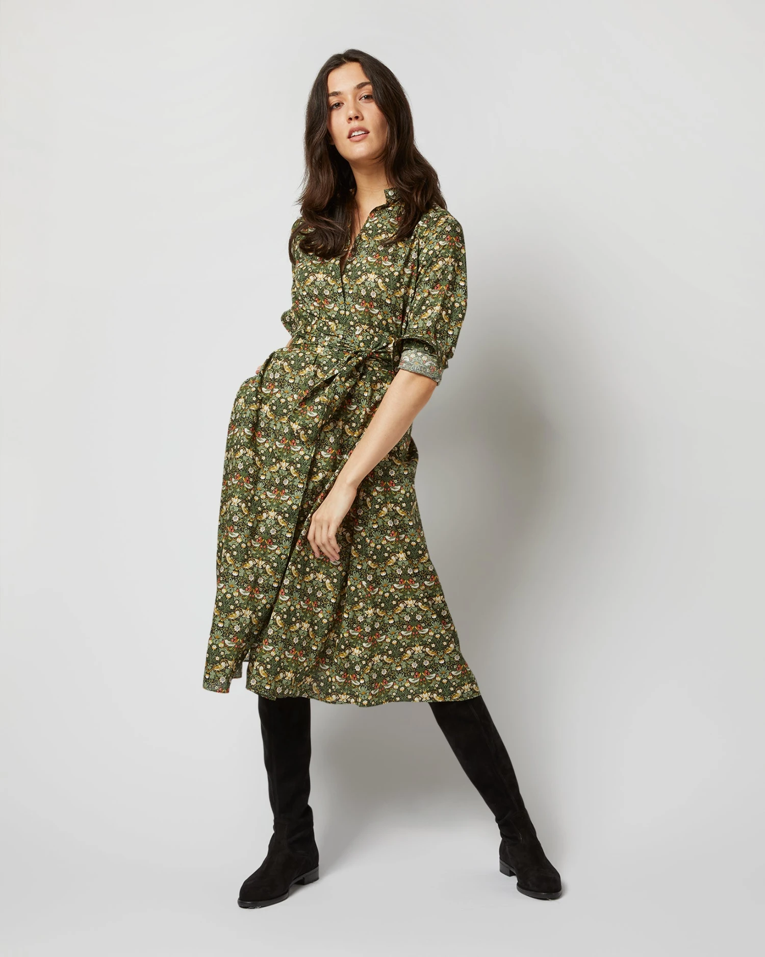 Long-Sleeved Gianna Dress In Hunter Multi Strawberry Thief Liberty Fabric 2 Long-Sleeved Gianna Dress In Hunter Multi Strawberry Thief Liberty Fabric