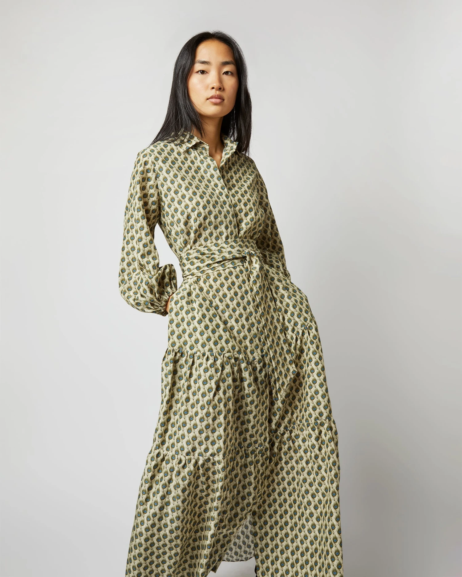 Isla Shirtdress In Ivory Multi Peacock Feathers Habotai 4 Isla Shirtdress In Ivory Multi Peacock Feathers Habotai - Image 2