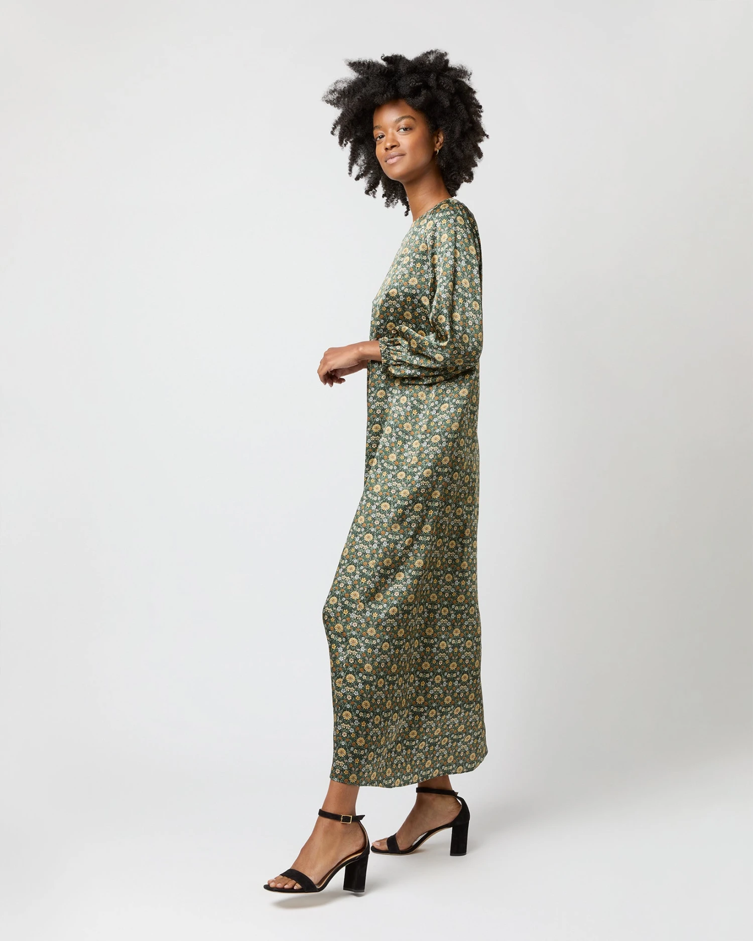 Long-Sleeved Paige Maxi Dress In Hunter/Gold Moon Flower Liberty Fabric Silk 5 Long-Sleeved Paige Maxi Dress In Hunter/Gold Moon Flower Liberty Fabric Silk - Image 3